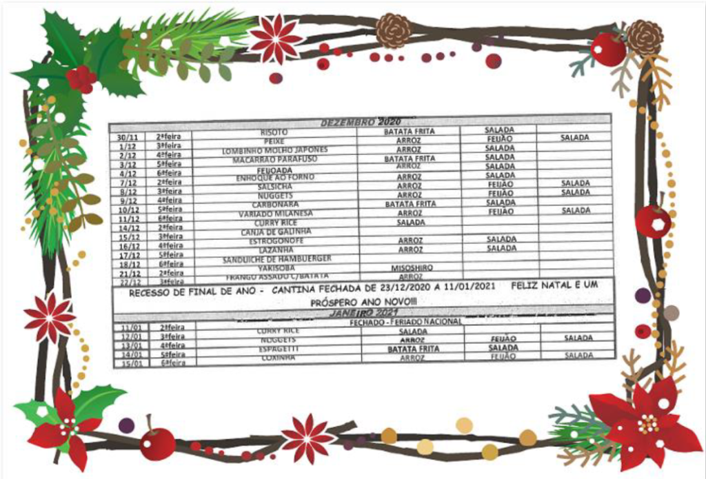 DEZEMBRO Almoços　12月のメニュー